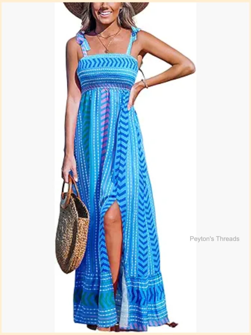 Maxi Dress Casual Smocked Straps Paisley Ruffled Slit A Line Long Beach Summer